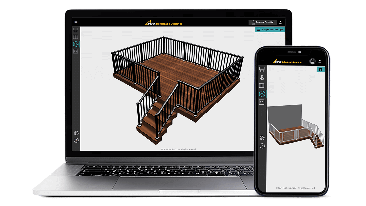 Peak Balustrade Designer projects in 3D view shown on a laptop screen and mobile screen.